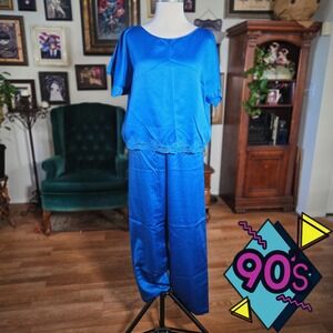 Vintage 90s Val Mode Royal Blue Satin Lace Pajama Set Sleepwear Women's Small